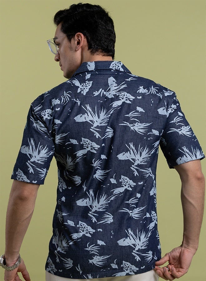 Mannerism The Ocean Print Navy Denim Shirt with Vintage Wash Character Comfort Fit - Image 5