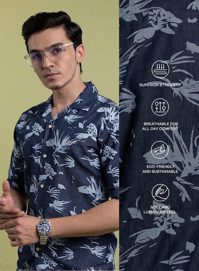 مانرزم The Ocean Print Navy Denim Shirt with Vintage Wash Character Comfort Fit - Image 3