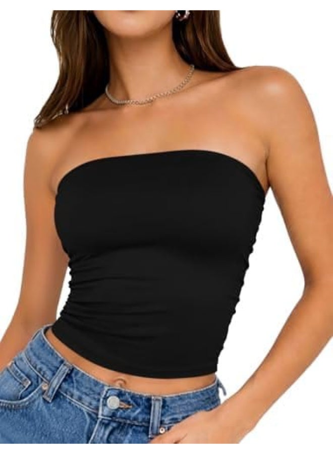 Women's Black Strapless Tube Top – Soft Stretch Fabric – Off-Shoulder Design - Image 2