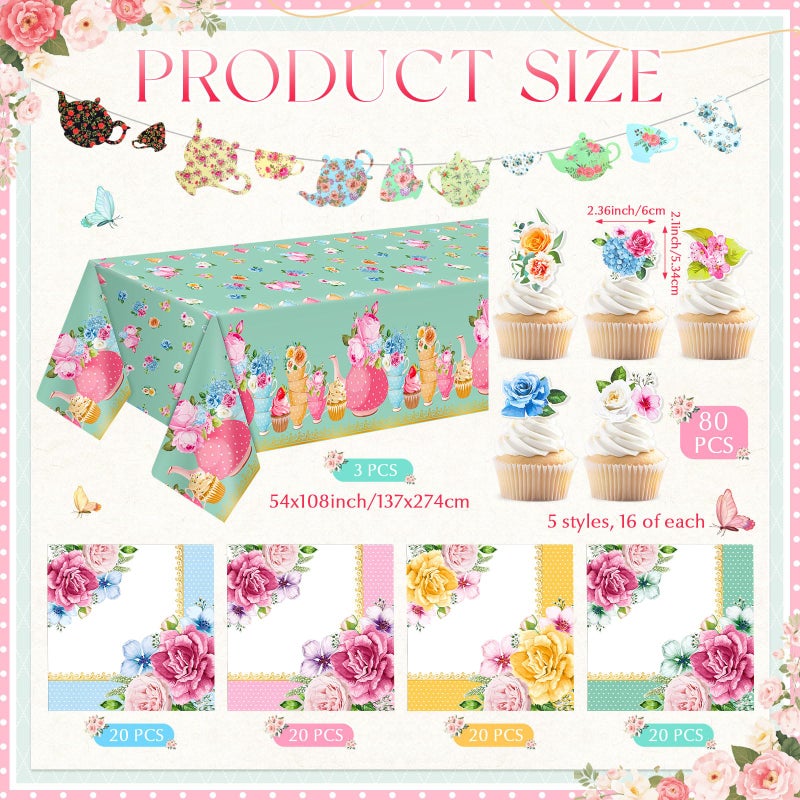 FoldTier 322 Pcs Floral Paper Tea Party Supplies Disposable 9 oz Tea Cup with Handle Flower Plates Napkin Cupcake Topper Decoration Banner Plastic Tablecloth for Birthday Wedding Bridal Baby Shower - Image 3