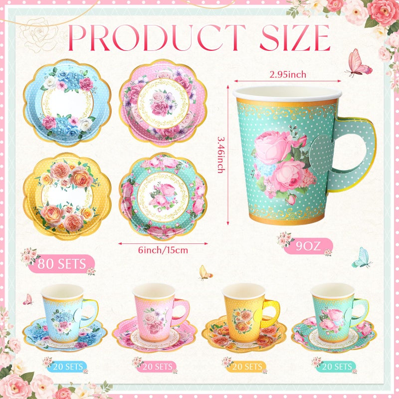 FoldTier 322 Pcs Floral Paper Tea Party Supplies Disposable 9 oz Tea Cup with Handle Flower Plates Napkin Cupcake Topper Decoration Banner Plastic Tablecloth for Birthday Wedding Bridal Baby Shower - Image 2