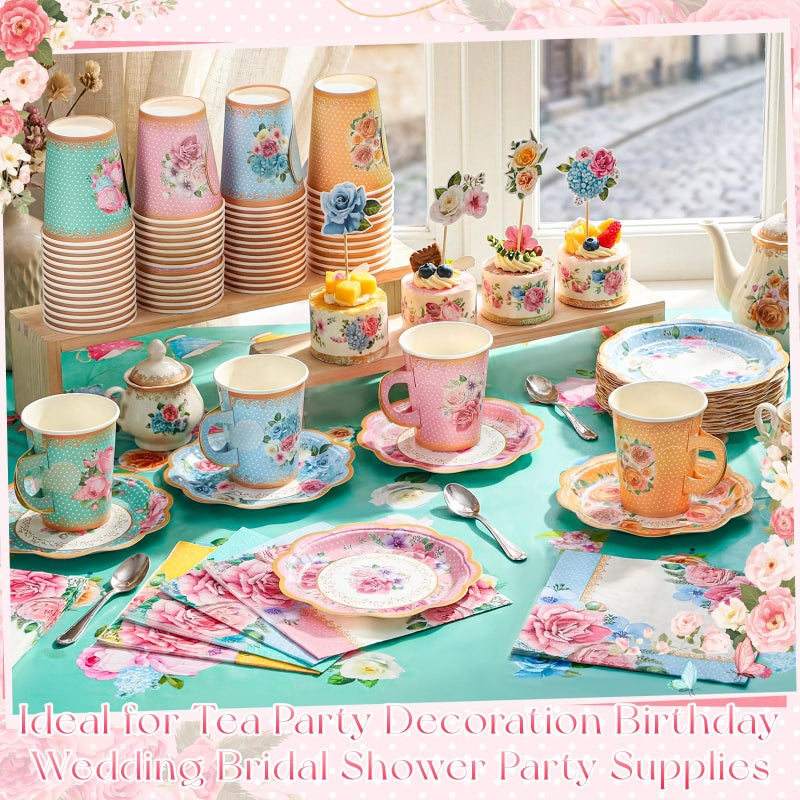 FoldTier 322 Pcs Floral Paper Tea Party Supplies Disposable 9 oz Tea Cup with Handle Flower Plates Napkin Cupcake Topper Decoration Banner Plastic Tablecloth for Birthday Wedding Bridal Baby Shower - Image 5