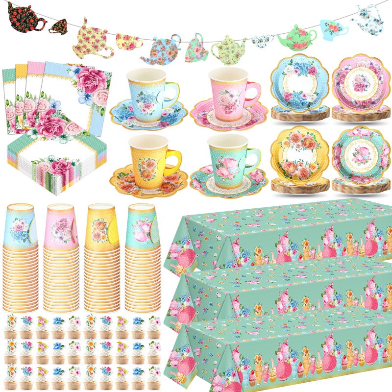 FoldTier 322 Pcs Floral Paper Tea Party Supplies Disposable 9 oz Tea Cup with Handle Flower Plates Napkin Cupcake Topper Decoration Banner Plastic Tablecloth for Birthday Wedding Bridal Baby Shower - Image 1