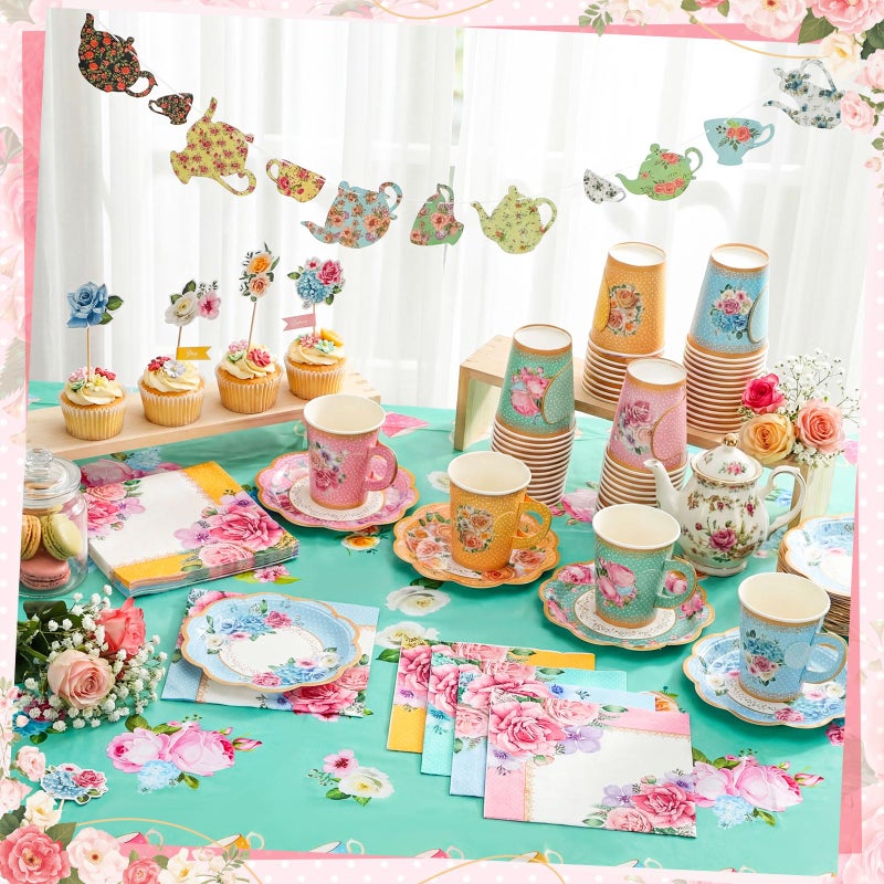 FoldTier 322 Pcs Floral Paper Tea Party Supplies Disposable 9 oz Tea Cup with Handle Flower Plates Napkin Cupcake Topper Decoration Banner Plastic Tablecloth for Birthday Wedding Bridal Baby Shower - Image 4