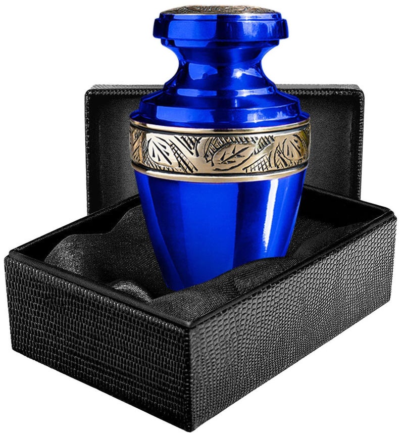 Trupoint Memorials Small Urns for Human Ashes Keepsake Decorative Mini Cremation Urn for Adult Men and Women Small Grecian Blue and Gold