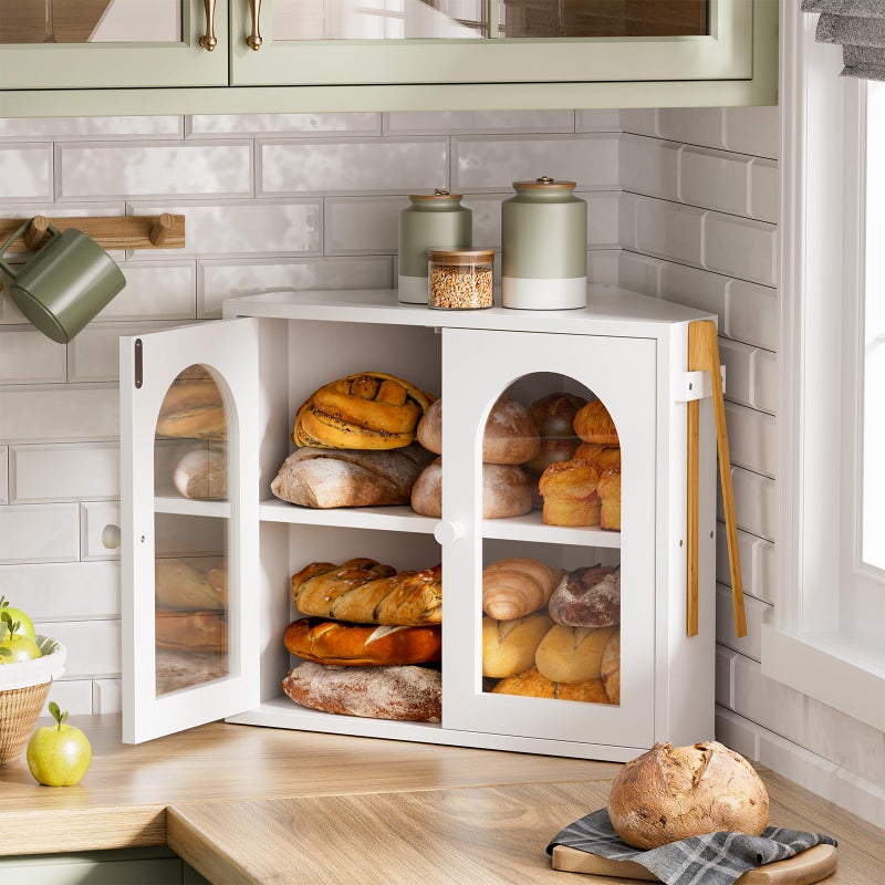 WOWLIVE Corner Bread Box for Kitchen Countertop, 2 Tier Bamboo Bread Storage Container for Homemade Bread with Clear Acrylic Door Panel, Large Bread Bin Farmhouse Breadbox Organizer (White, Medium) - Image 2