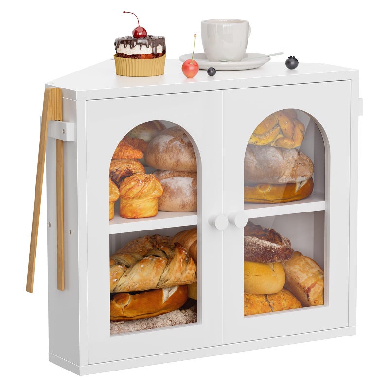 WOWLIVE Corner Bread Box for Kitchen Countertop, 2 Tier Bamboo Bread Storage Container for Homemade Bread with Clear Acrylic Door Panel, Large Bread Bin Farmhouse Breadbox Organizer (White, Medium) - Image 1