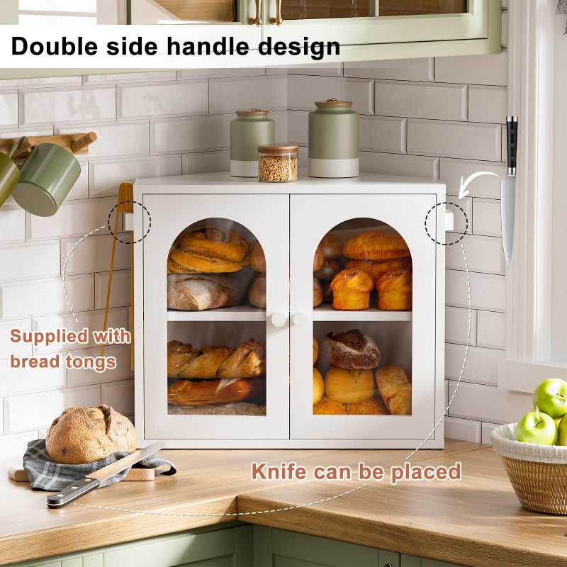 WOWLIVE Corner Bread Box for Kitchen Countertop, 2 Tier Bamboo Bread Storage Container for Homemade Bread with Clear Acrylic Door Panel, Large Bread Bin Farmhouse Breadbox Organizer (White, Medium) - Image 5