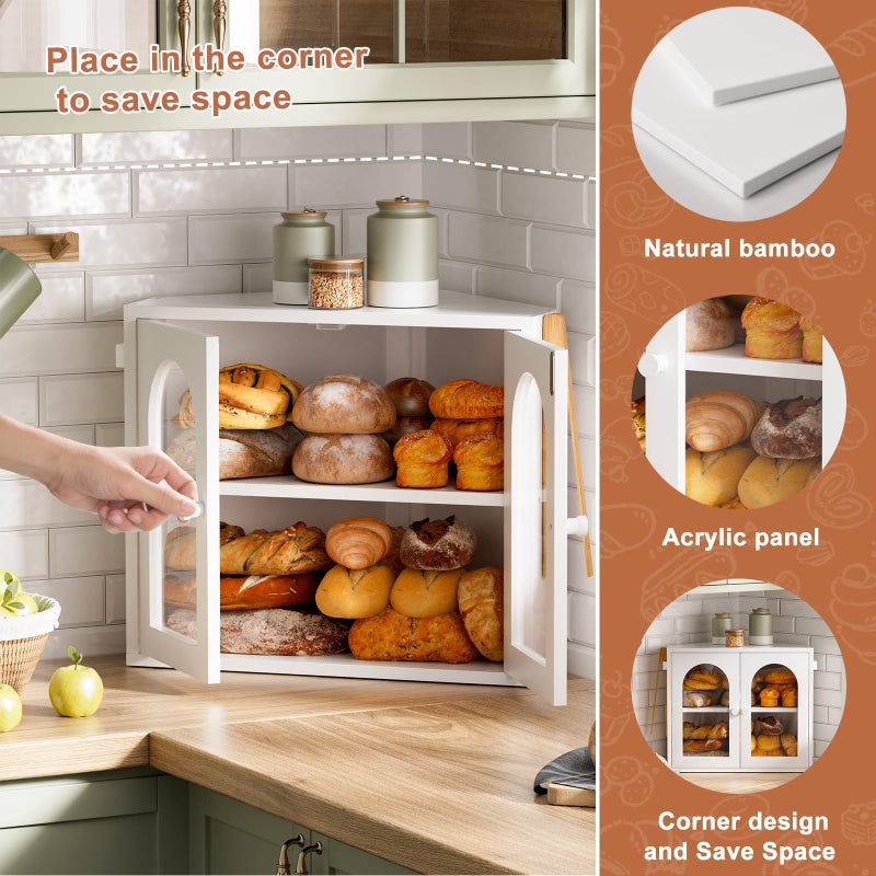 WOWLIVE Corner Bread Box for Kitchen Countertop, 2 Tier Bamboo Bread Storage Container for Homemade Bread with Clear Acrylic Door Panel, Large Bread Bin Farmhouse Breadbox Organizer (White, Medium) - Image 4