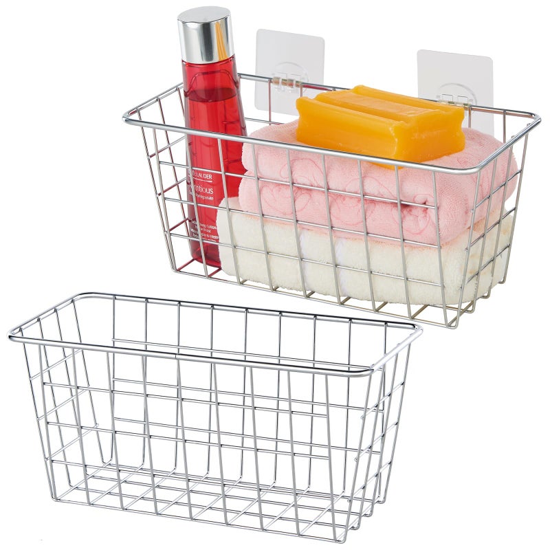 JUNCHU CHERRY 2 Pack Hanging Storage Basket, Bathroom Basket, Household Goods, with Traceless Tape, no Drilling, for Cabinet Storage, Kitchen, Bathroom, Storage Room,Chrome - Image 1