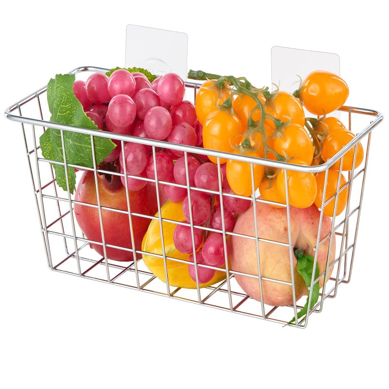 JUNCHU CHERRY 2 Pack Hanging Storage Basket, Bathroom Basket, Household Goods, with Traceless Tape, no Drilling, for Cabinet Storage, Kitchen, Bathroom, Storage Room,Chrome - Image 5