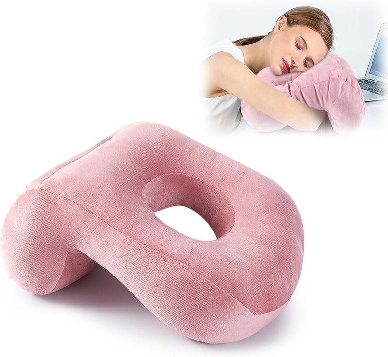 Azonee Plush Nap Sleeping Pillow with Hole - Ergonomic Desk Cushion for Home, Office, and Travel (Pink) - Image 1
