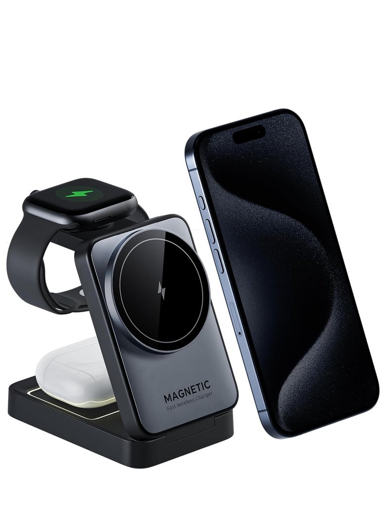 3-in-1 Wireless Charger Cradle Night Light Foldable Compatible with Magsafe Chargers and iPhone 16/15/14/13/12 Apple Watch and AirPods  - Image 1