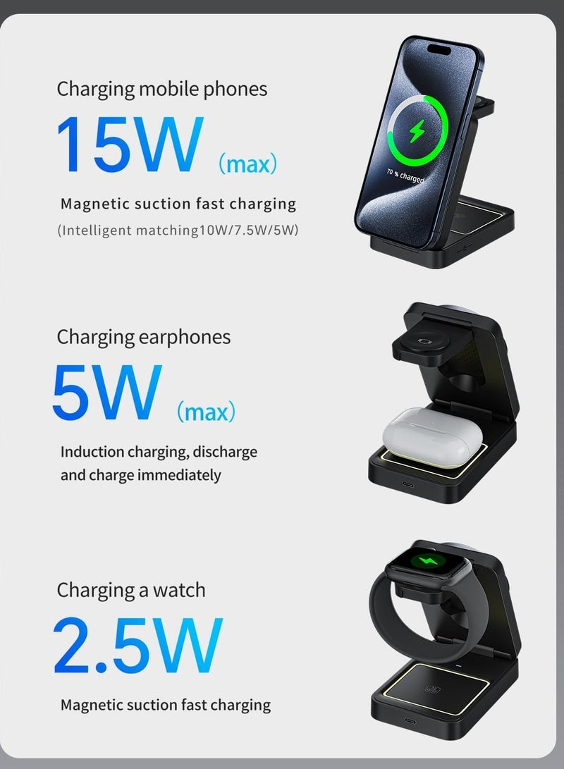 3-in-1 Wireless Charger Cradle Night Light Foldable Compatible with Magsafe Chargers and iPhone 16/15/14/13/12 Apple Watch and AirPods  - Image 3