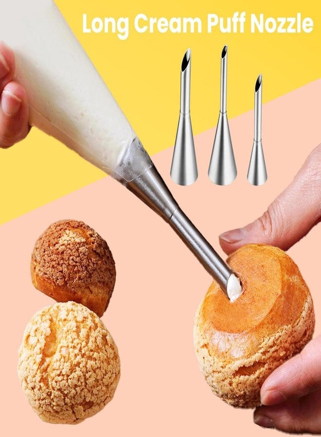 loghohu 3 Pcs Puff Cream Filling Piping Tips Kit Stainless Steel Long Icing Piping Nozzle Tips With 50 Disposable Pastry Piping Bags and Tip Cleaning Brush for Filling Donuts Cupcakes Eclairs Decorating Tool - Image 5