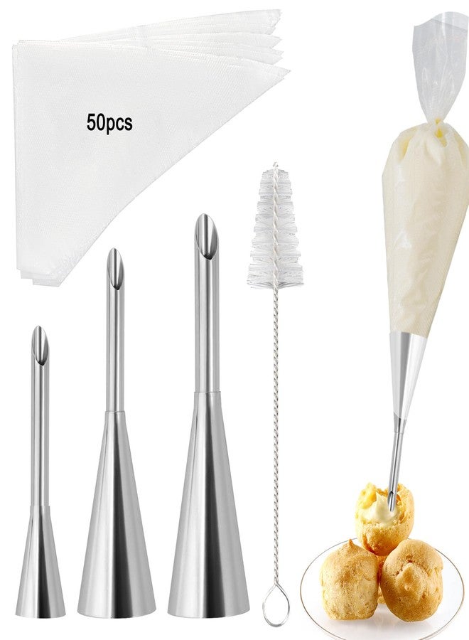 loghohu 3 Pcs Puff Cream Filling Piping Tips Kit Stainless Steel Long Icing Piping Nozzle Tips With 50 Disposable Pastry Piping Bags and Tip Cleaning Brush for Filling Donuts Cupcakes Eclairs Decorating Tool - Image 1