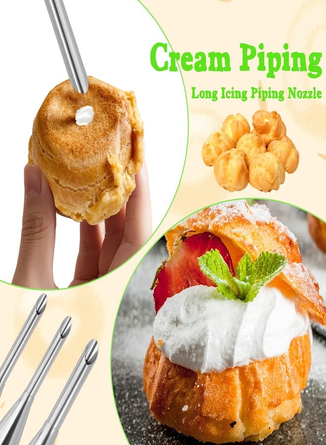 loghohu 3 Pcs Puff Cream Filling Piping Tips Kit Stainless Steel Long Icing Piping Nozzle Tips With 50 Disposable Pastry Piping Bags and Tip Cleaning Brush for Filling Donuts Cupcakes Eclairs Decorating Tool - Image 4