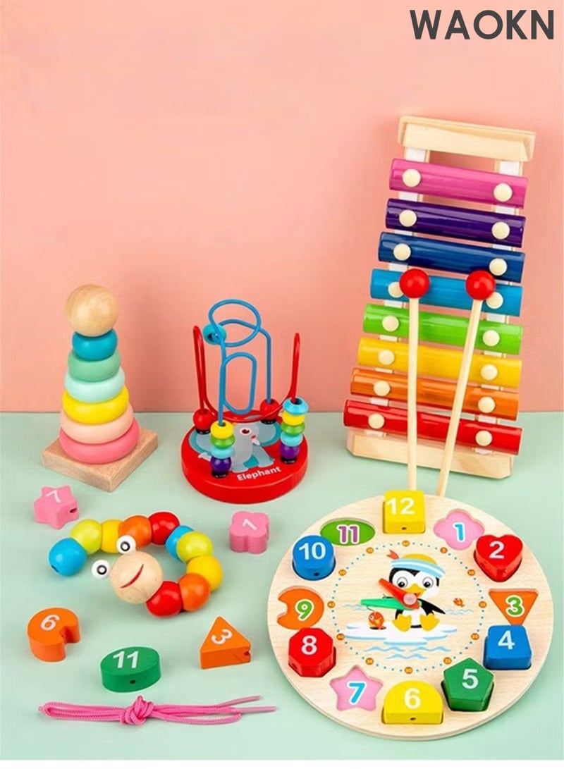 WAOKN 5 Pcs Infant Early Education Toys ，Children's eight-tone piano string clock rainbow tower shape board twisting worm five-piece set baby educational toys,Material safety，Toys For 1 2 3+ Year Old Toddlers. - Image 1