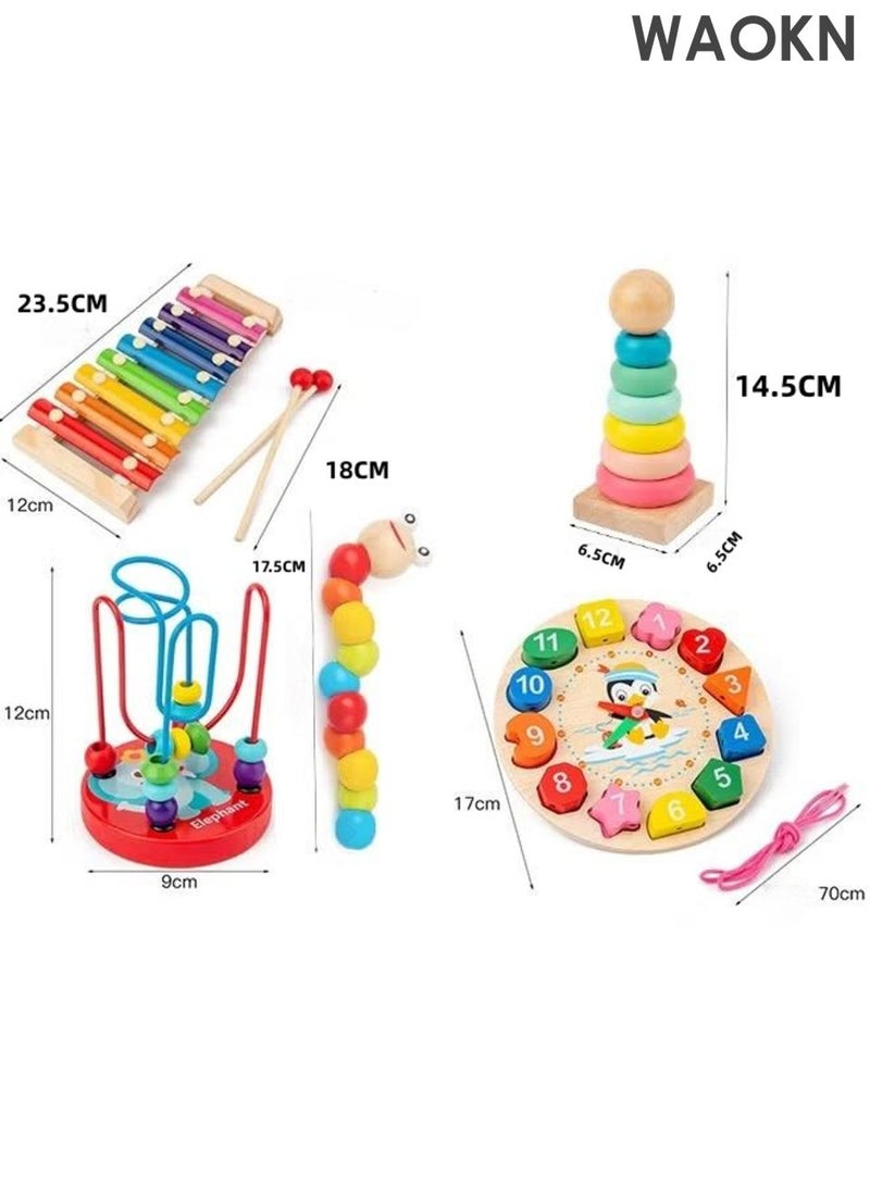 WAOKN 5 Pcs Infant Early Education Toys ，Children's eight-tone piano string clock rainbow tower shape board twisting worm five-piece set baby educational toys,Material safety，Toys For 1 2 3+ Year Old Toddlers. - Image 2