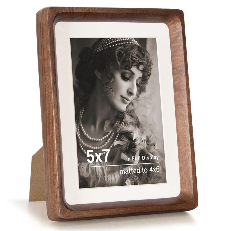 Fun Memories 5x7 Picture Frame  USA-Sourced Walnut Wood Photo Frame with HD Tempered Glass  Handcrafted Rounded Corner 5 x 7 Wooden Frame Matted to 4x6 Photos  5x7 frame  Tabletop or Wall Display - Image 1
