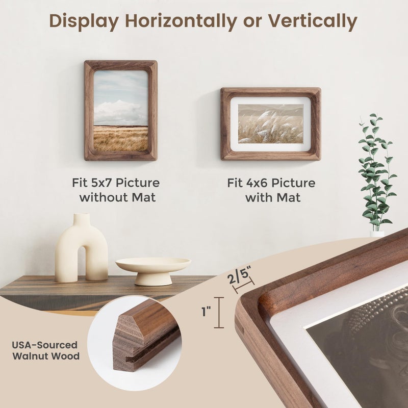 Fun Memories 5x7 Picture Frame  USA-Sourced Walnut Wood Photo Frame with HD Tempered Glass  Handcrafted Rounded Corner 5 x 7 Wooden Frame Matted to 4x6 Photos  5x7 frame  Tabletop or Wall Display - Image 2