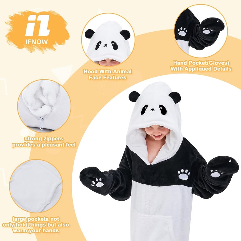 IFNOW Wearable Blanket Hoodie Kids, Oversized Fleece Blanket Sweatshirt Christmas Birthday Gifts for Boys, Girls, Teen Hoodie with Portable Foldable Blanket Pillow, Animal Embroidery 5-15 Years, Panda - Image 3