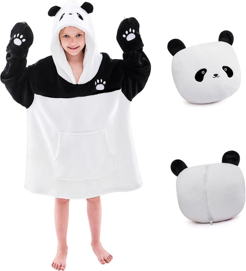 IFNOW Wearable Blanket Hoodie Kids, Oversized Fleece Blanket Sweatshirt Christmas Birthday Gifts for Boys, Girls, Teen Hoodie with Portable Foldable Blanket Pillow, Animal Embroidery 5-15 Years, Panda - Image 1