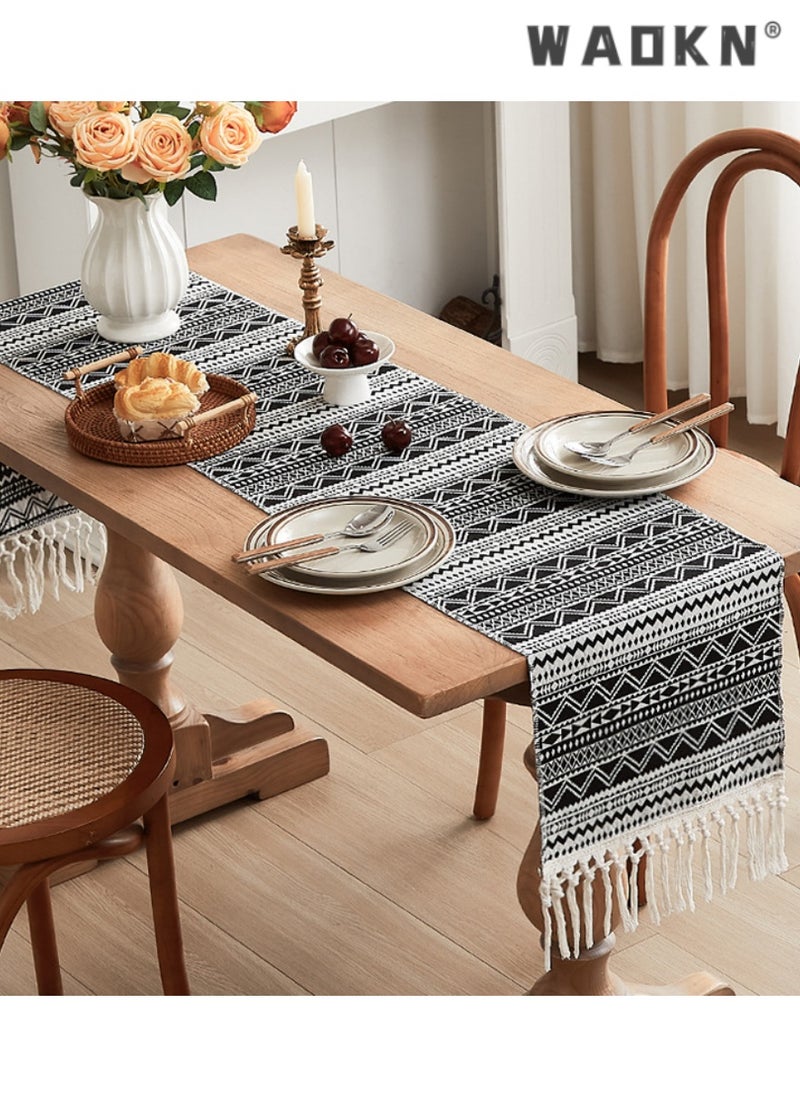 WAOKN Black and White Wave Pattern Table Runner with Tassels, Ideal for Coffee and Dining Tables, Chic, Durable Home Decor, Adds Sophistication, Perfect Gift, Enhances Elegance, Timeless Design  - Image 1