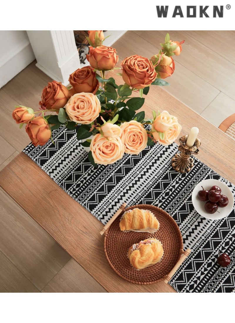 Black and White Wave Pattern Table Runner with Tassels, Ideal for Coffee and Dining Tables, Chic, Durable Home Decor, Adds Sophistication, Perfect Gift, Enhances Elegance, Timeless Design