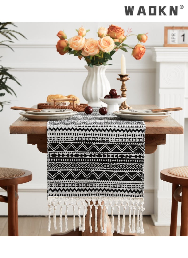 WAOKN Black and White Wave Pattern Table Runner with Tassels, Ideal for Coffee and Dining Tables, Chic, Durable Home Decor, Adds Sophistication, Perfect Gift, Enhances Elegance, Timeless Design  - Image 2