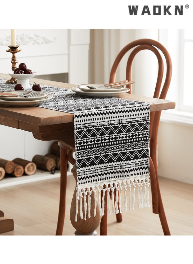 WAOKN Black and White Wave Pattern Table Runner with Tassels, Ideal for Coffee and Dining Tables, Chic, Durable Home Decor, Adds Sophistication, Perfect Gift, Enhances Elegance, Timeless Design  - Image 3