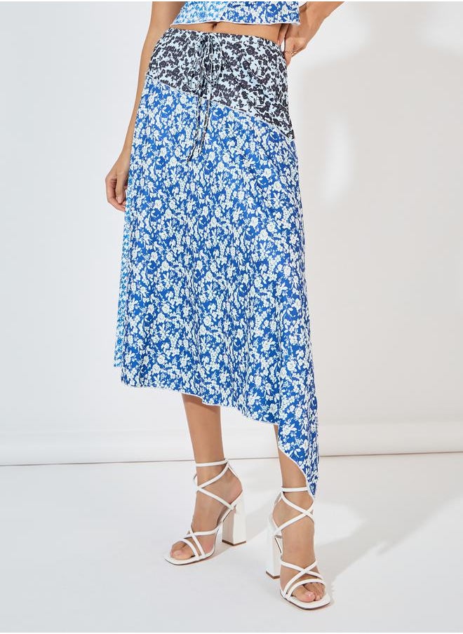 Floral Asymmetric Hem Midi Skirt with Overlock Seam