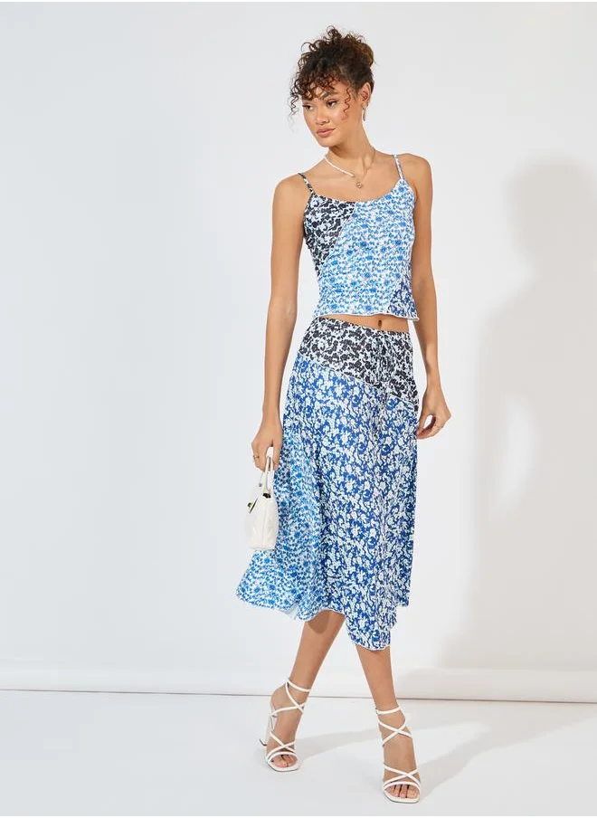 Styli Floral Asymmetric Hem Midi Skirt with Overlock Seam