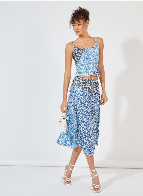 Floral Asymmetric Hem Midi Skirt with Overlock Seam