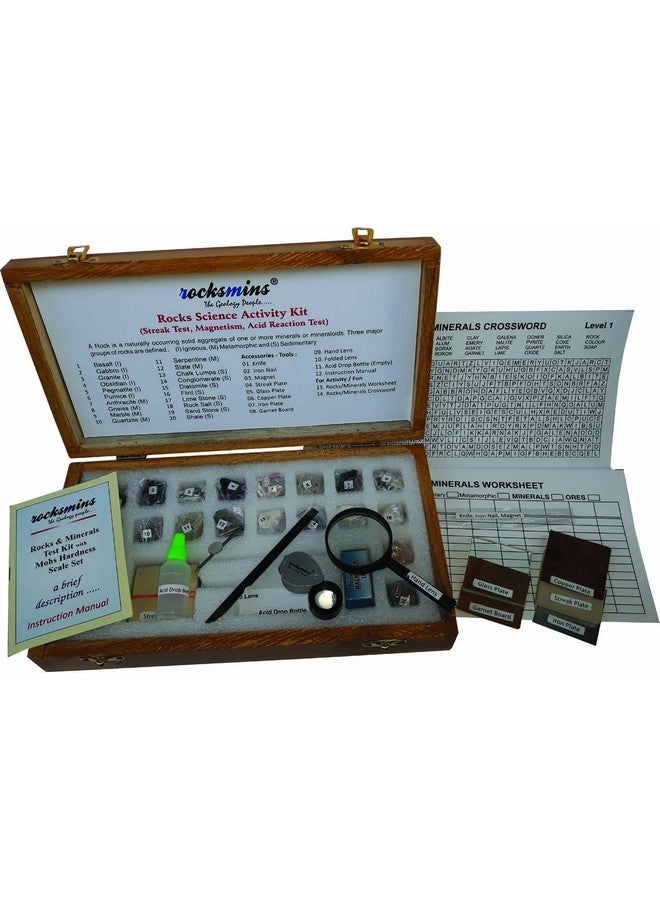 Rocksmins Rocks Science Activity Kit RO20ACWB in Wooden Box with Testing Tools Worksheet Rocks Minerals Puzzle 7 Sheets Set of 20 Handpicked Natural Rocks Specimens in Storage Tray for geology - Image 1