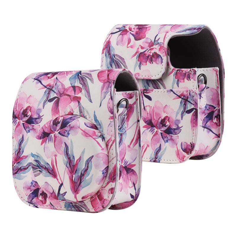 مجموعة ملحقات Instax Mini 11: مجموعة ملحقات كاميرا فورية 12 في 1 - حقيبة حماية من الجلد الاصطناعي PU بأزهار الالوان المائية مع حزام لمستخدمي كاميرا Fujifilm Instax Mini 11 - Image 4