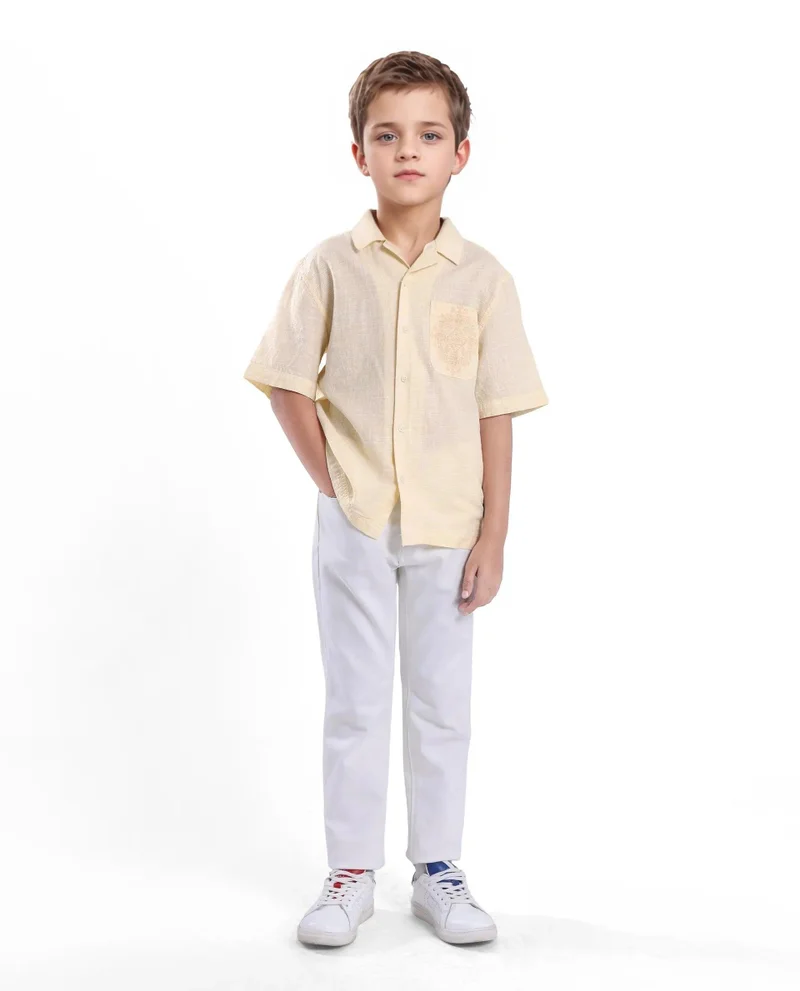 رير ونز Rare Ones Kids Trok Light Yellow Cotton Half Sleeve Embroidered Button Closure Regular Fit Shirt