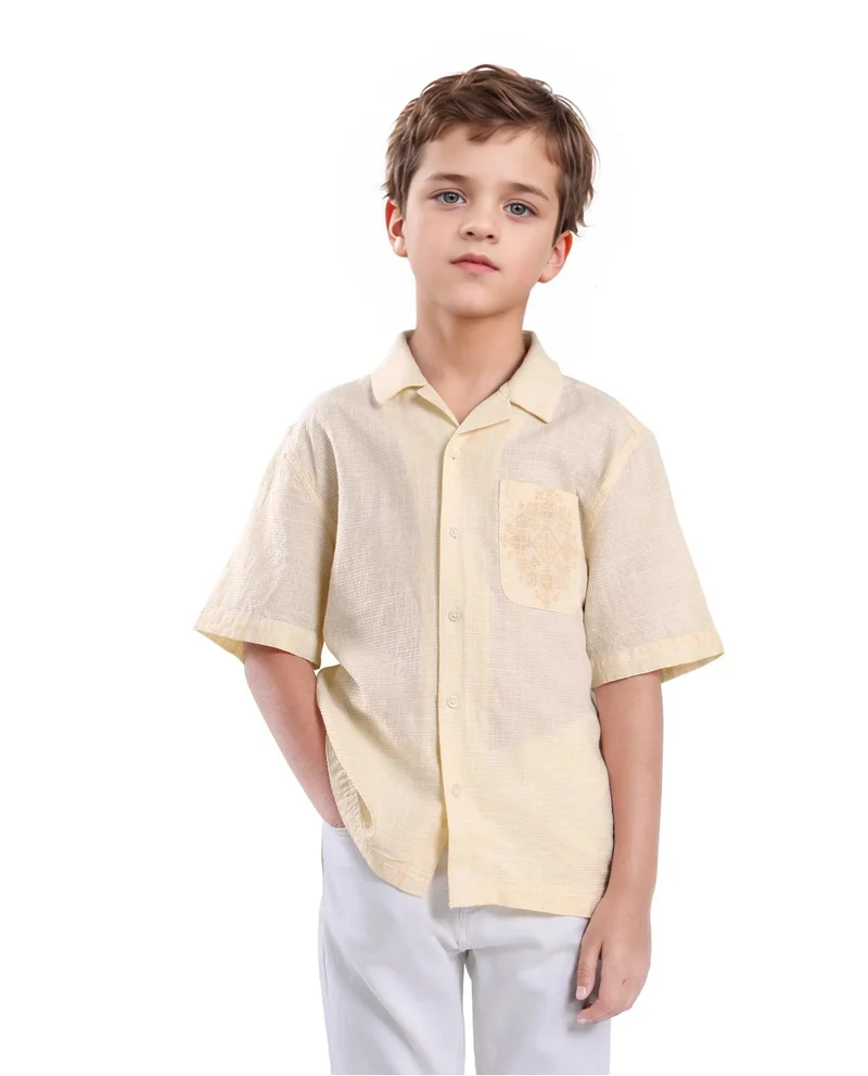 رير ونز Rare Ones Kids Trok Light Yellow Cotton Half Sleeve Embroidered Button Closure Regular Fit Shirt