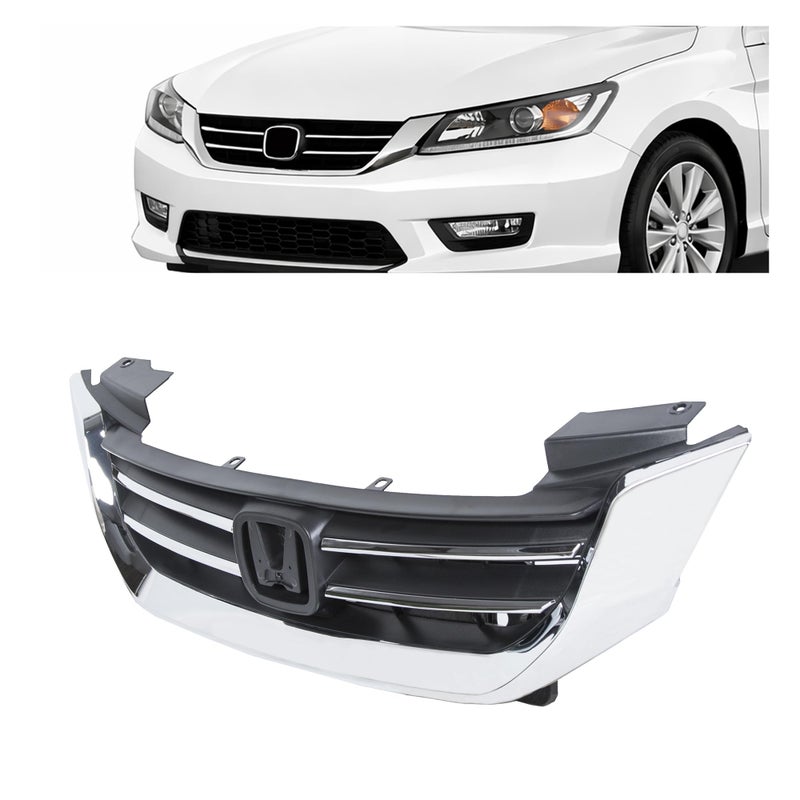 ALMULOO Front Bumper Grill Compatible with 2013-2015 Honda Accord 4Door Sedans Only Upper Black Chrome Grille ABS Plastic Replacement for 71121T2FA01 HO1200214 - Image 1