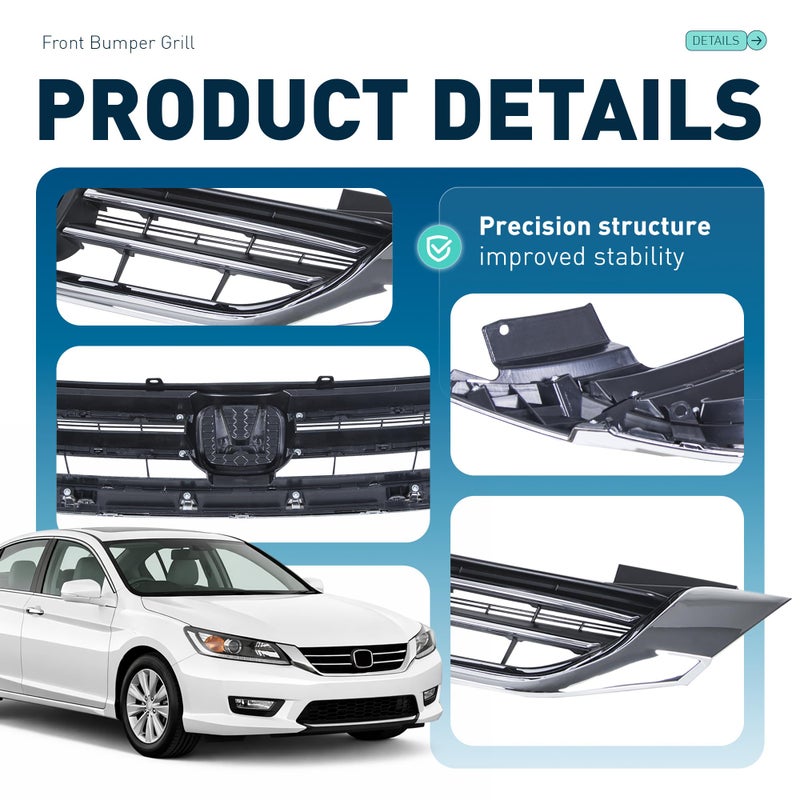 ALMULOO Front Bumper Grill Compatible with 2013-2015 Honda Accord 4Door Sedans Only Upper Black Chrome Grille ABS Plastic Replacement for 71121T2FA01 HO1200214 - Image 4