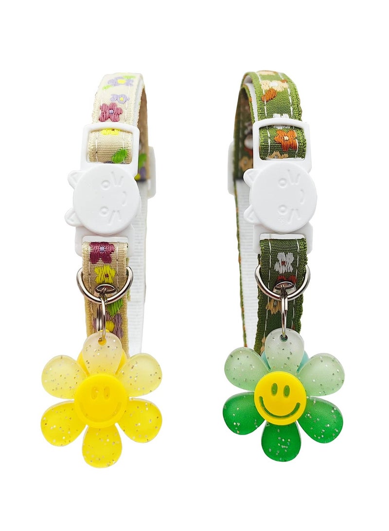 Excefore 2 Pack Soft Cotton Breakaway Cat Collars with Bells for Girl Cats, Smile Flower Pendant  Cat Collar Kitten Collar for Cat Kitten Kitty Puppy Rabbit (Floral-Green & Yellow) - Image 1