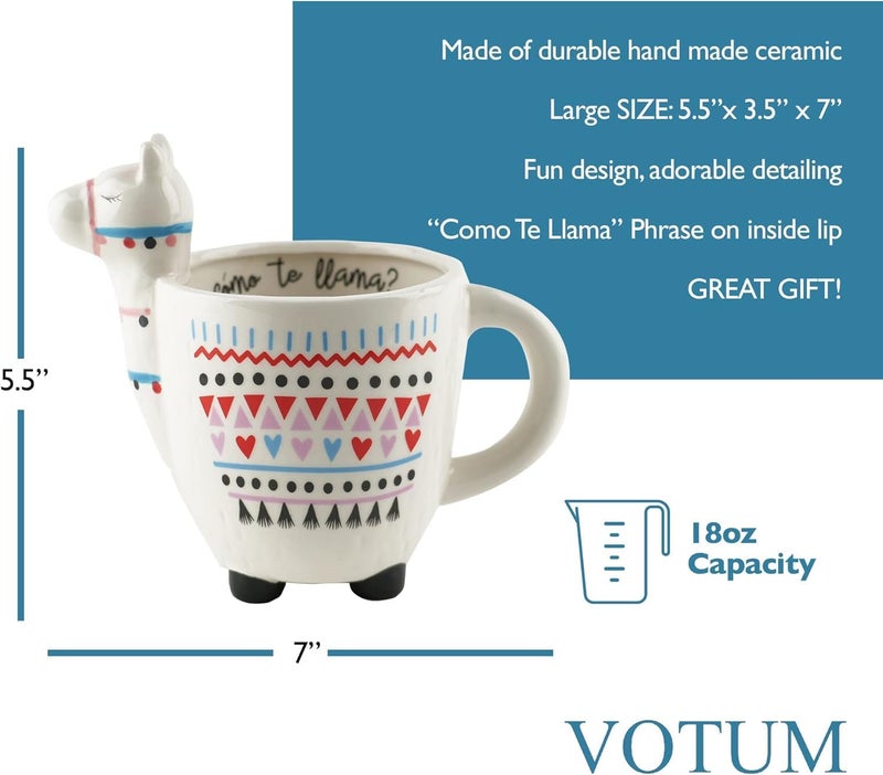 VOTUM Animal-Shaped Llama Coffee Mug, Ceramic, White, 18 fl. oz. Capacity - Handmade, Adorable Tea Cup with Llama Head, Hooves, Printed Como Te Llama Writing - Premium Coffee Gifts for Women, Men - Image 3