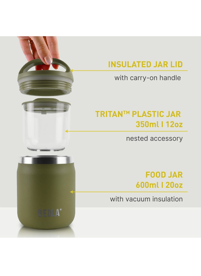 BEOLA 600ml Food Jar Lunch Box Food Thermos Stainless Steel Double Wall Insulated Travel Food Flask with Snack Tritan Container for Kids, Adults, 20oz (Forest Green)  - Image 2