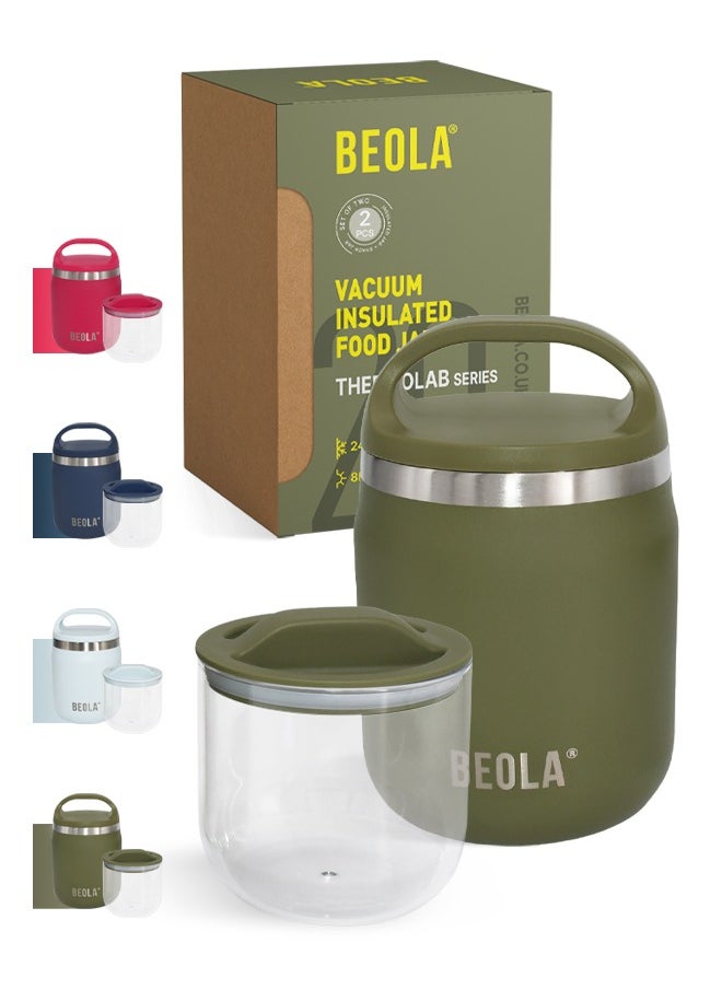 BEOLA 600ml Food Jar Lunch Box Food Thermos Stainless Steel Double Wall Insulated Travel Food Flask with Snack Tritan Container for Kids, Adults, 20oz (Forest Green)  - Image 1