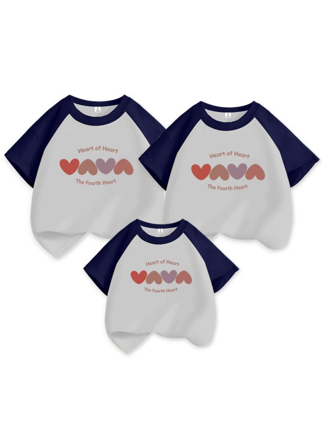 High-grade Love Mother's Dresses Summer Pure Cotton T-shirt Contrast Color Korean Casual Family Clothes Short-sleeved Baby's Jompon