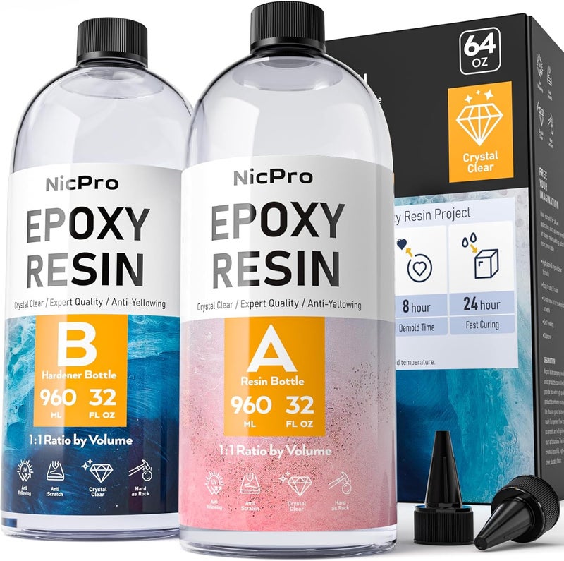 Nicpro 64 Ounce Crystal Clear Epoxy Resin Kit, Food Safe DIY Starter Epoxy Resin for Craft, Canvas Painting, Molds Pigment Jewelry Making, Resin Coating and Casting - Image 1