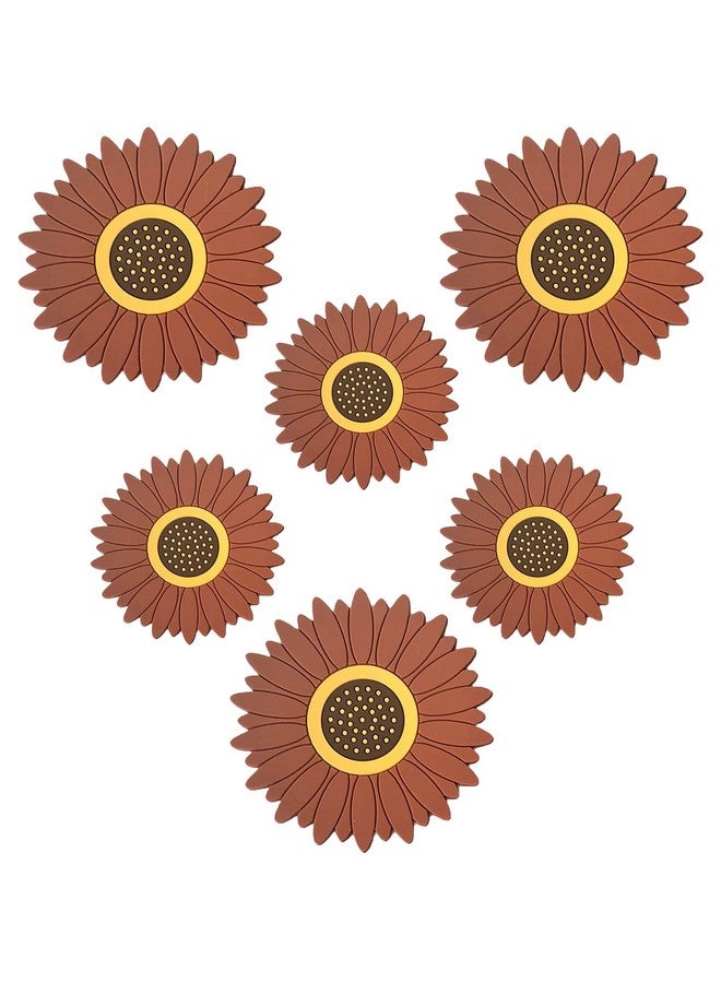 P Plus Fire Silicone Coasters Cute Drink Coasters Silicone Pad Table Mat for Desk Sunflower Shape Coasters Flowers Heat Insulation Mat (Big+Medium, Set of 6, Brown) - Image 1