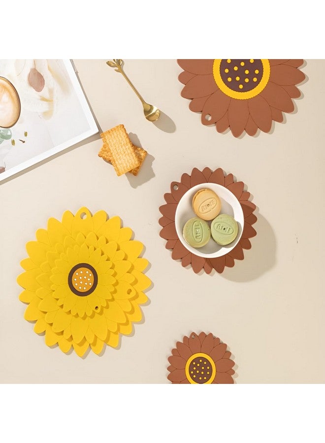 P Plus Fire Silicone Coasters Cute Drink Coasters Silicone Pad Table Mat for Desk Sunflower Shape Coasters Flowers Heat Insulation Mat (Big+Medium, Set of 6, Brown) - Image 4