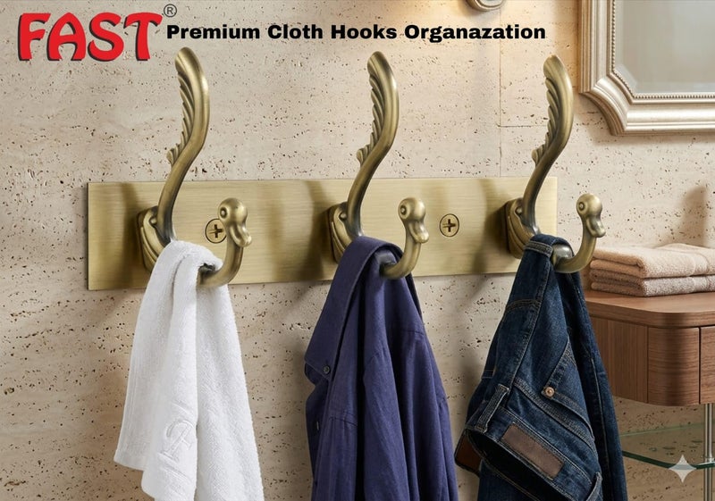FAST CH13 Peacock Brass Antique Finish Stainless Steel Towel Hook & Cloth Hooks for Door and Wall Mounted Hanger (3 Double Hanging Hooks) - Image 4