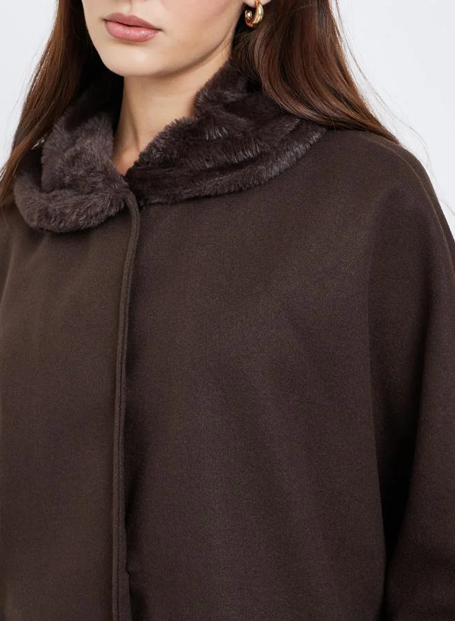 Styli Oversized Faux Fur Trim Wool Like Cape Coat